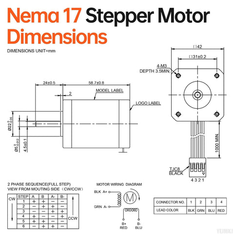 Diagram of high torque Nema 17 stepper motors with dimensions and wiring details for CNC and 3D printers.