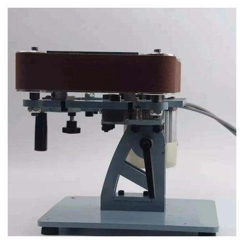 Heavy Duty 750W Electric Belt Grinder And Sharpener with steel frame, showing side view and adjustable mechanisms for precise grinding.