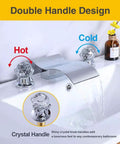 Widespread Bathroom Sink Faucet With Crystal Knob For 3 Hole Waterfall Vanity Faucet 8 Inch Deck Mount Basin Mixer Tap With Hose Chrome Finish Solid Brass Construction Durable Rust Resistant, faucet with water flow