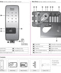 GTouch Digital Rim Lock diagram with tags, traceless slim body, slim touchscreen, manual, GTouch Digital Rim Lock With Traceless Slim Body Master Mode Forced Lock Automatic Locking Volume Control Silent Low Battery Alarm Emergency Power Backup Easy Touchscreen Access.