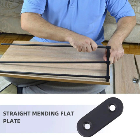 Man assembling furniture using Stainless Steel Flat Plate Straight Shelf Brackets Set With 48 Screws 24 Pack Multipurpose Repair Connectors For Shelves And Tables Heavy Duty Reusable Corner Brackets.