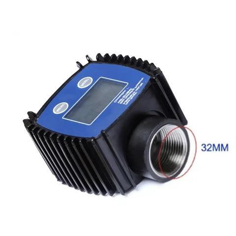 Real Time Flow Meter Sensor For Fuel And Water With K24 Gear, Digital LCD Readout, threaded connector, 32mm size, close-up view