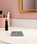 Velvet Jewelry Organizer Tray With Four Grid Compartments Stackable Minimalist Ring And Bracelet Tabletop on dresser.