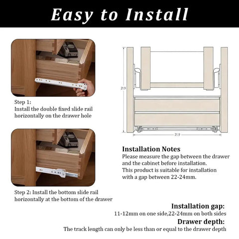 Installation guide for Top Shelf Ten Inch Drawer Slides Set Of Two Bottom Mount Rails with nylon wheels on cabinet drawers.