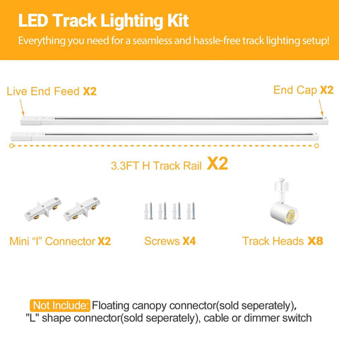 Five Color Adjustable Eight Light LED Track Lighting Kit With Six Point Six Foot H Type Rail Dimmable Kitchen Ceiling Spotlight Fixtures For A Dope Modern Look CRI90 Plus 10W 800lm Track Heads components layout