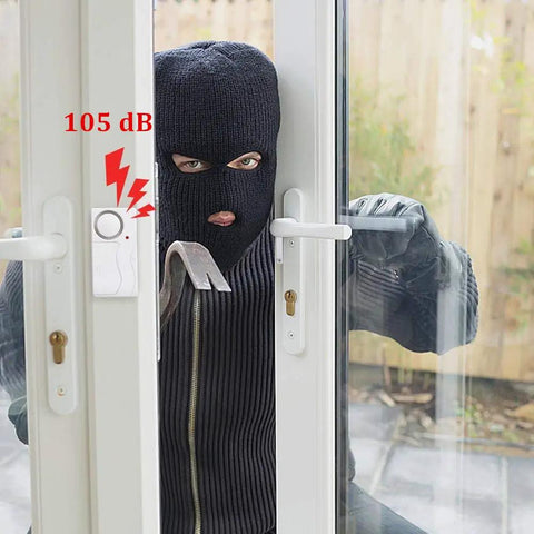 Intruder activating Wireless Door And Window Alarm System With Remote Arm Disarm Panic And Doorbell Modes 105 Decibel.