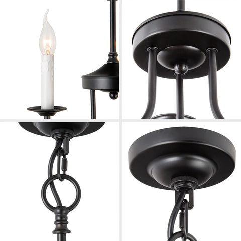 Close-up of black finish Three Light Farmhouse Candle Style Chandelier showing details of arms, canopy, and warm light bulb.