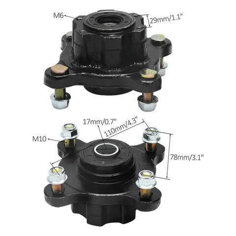 Pair Of Front Wheel Hubs Featuring Bulletproof 17Mm Bearings 4Lug 4X110 Bolt Pattern shown from two angles with dimensions.
