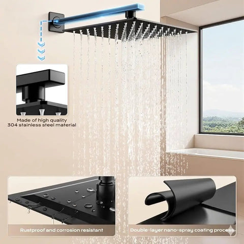 Slick Matte Black Shower Faucet Set With 10 Inch Rain Head and Handheld Sprayer, showcasing 304 stainless steel and water flow.