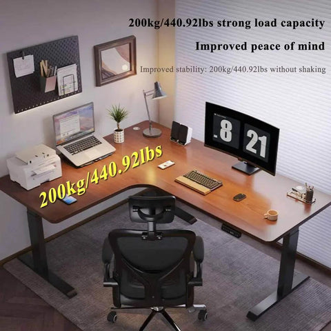 Smooth Ride Electric Height Adjustable L Shaped Standing Desk Corner Sit Stand Home Office Table with strong load capacity, ergonomic design and workspace.