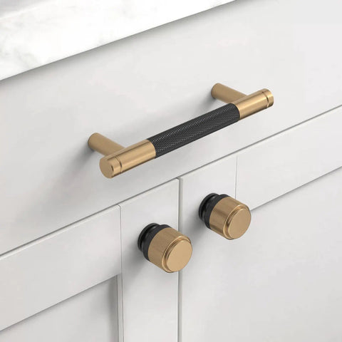 Matte black and champagne bronze knurled handle on white cabinet, part of 10 Pack 3.75 Inch Matte Black And Champagne Bronze Cabinet Pulls Knurled Handles For Cabinets And Drawers Kitchen Cabinet Hardware Durable Modern Look Easy Grip Replacement For Home Reno collection.