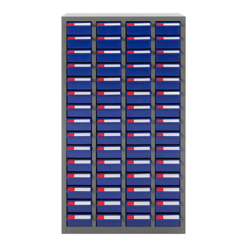 Rock Solid Heavy Duty Metal Parts Organizer Cabinet With Sixty Spacious Drawers designed for top tier hardware storage, showcasing blue drawers.
