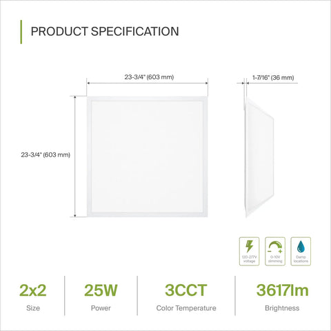 Product specification sheet for 2x2 LED Flat Panel Light 25W Dimmable Backlit Ceiling Panel For Office 3500K To 5000K Adjustable