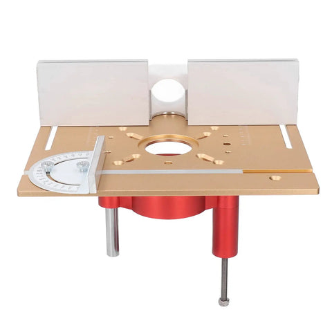 Heavy Duty Aluminum Alloy Router Lifting Table With Slick Height Adjustment Inserts For Woodworking Shop Benches, shown from front with gauge.