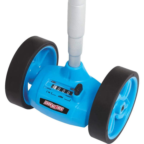 Heavy Duty Dual Measuring Wheel With Nifty Telescopic Handle For Quick Layout Work On Concrete Or Lawn, blue with digital tally.