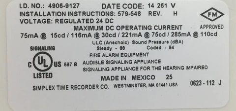 Rating label for 4906-9127 AV Multi Candela Non-Addressable Horn Strobe Wall Mount Red Fire Alarm Visual and Audible Alert