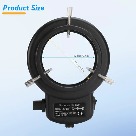 144 LED Ring Light For Stereo Microscopes And Cameras, Adjustable Illuminator With Dimmable Brightness, Pro Grade Lab Lighting For Clear Close Ups And Precise Imaging. black microscope LED ring light size diagram, 6.3cm inner 9.35cm outer