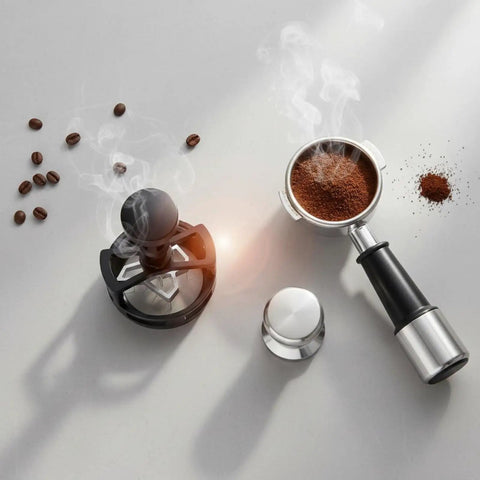 Solid Game Changer Espresso Pin Distributor And Coffee Clump Breaker Tool For Portafilter, Heavy Duty Aluminum Barista Essential With Comfort Grip, Quick Rinse Black 58 Mm For Smooth Daily Brews on countertop with coffee beans and grounds.