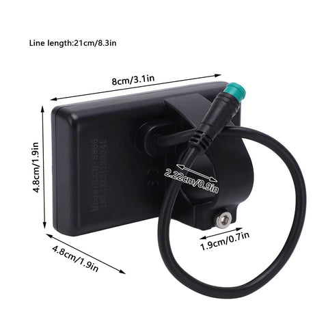 Back view of Durable ABS LCD Display For Speedometer And Odometer On Electric Bikes 24V 36V 48V with cable and mounting dimensions