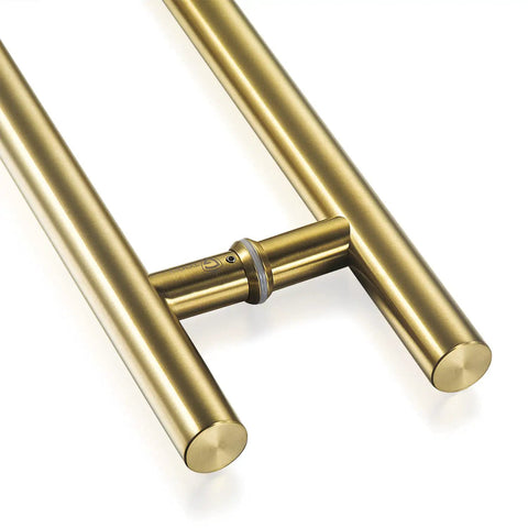 Close-up of 36 Inch Solid Stainless Door Pull Handle in Satin Gold Finish For Glass And Barn Doors with 304 Stainless Steel Standoffs