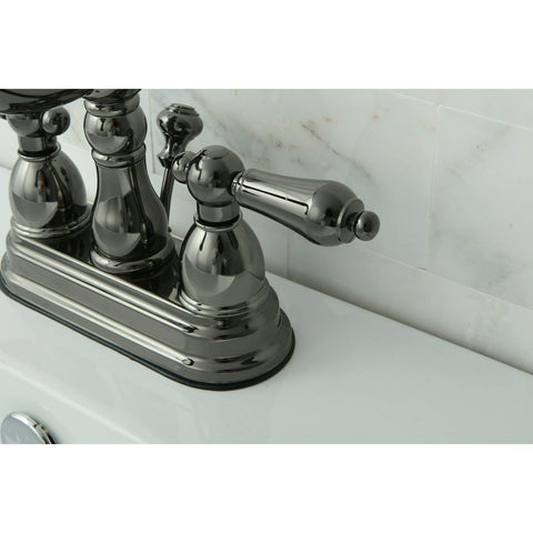 Close-up of a 4 Inch Centerset Lavatory Faucet With Brass Pop Up Drain in Black Stainless Steel Deck Mount 3 Hole Installation