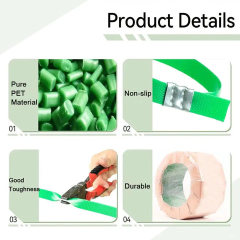 Heavy Duty PET Strapping For Packaging And Bundling High Tensile Green Polyester Strapping Rolls Your Go To Cargo Tie Down For Warehousing And Transport 1200m Reel Tough And Secure, features including material and non-slip details