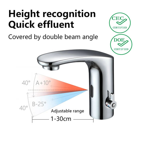All-In-One Touchless Faucet With Polished Chrome Finish, Hands-Free Flow, Temperature Control Dial, height recognition feature.