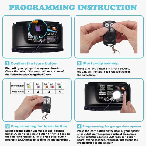 Programming instructions for Universal Garage Door Remote With Five Color Learn Button Purple Yellow Green Orange Red Keychain Included For Sears Craftsman LiftMaster Chamberlain Openers 1993 To Present Works With Most Models.