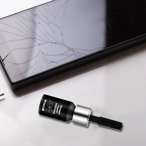 DIY Glass Repair Liquid Quick Fix for Cracks and Scratches, 5ml Universal Agent next to cracked phone screen