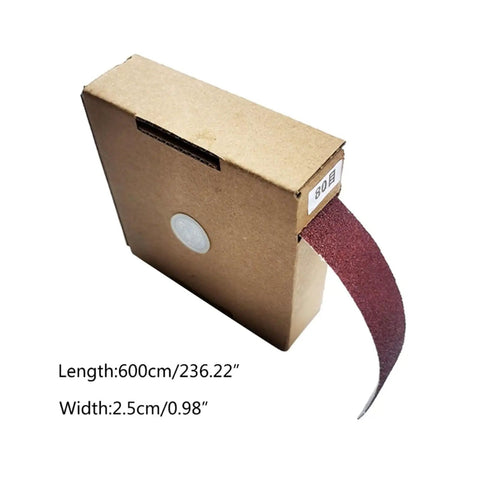 Top Shelf Sandpaper Rolls Built For Woodworking And Metal Polish Boasting Clog Proof Open Weave Texture Plus Grits From Eighty To Six Hundred Solid For Drum Machines And Hand Blocks Delivering Bang For Your Buck Performance You Can Quick Cut Now, shown in box with unrolled length of 600cm and width of 2.5cm.