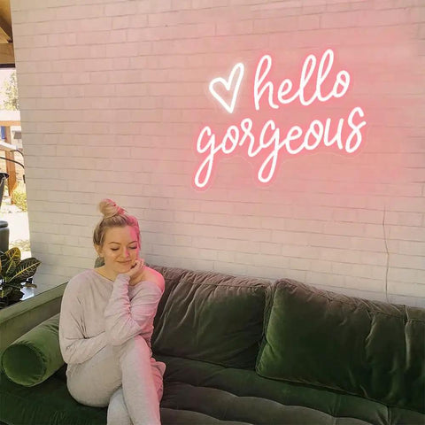 Hello Gorgeous Neon Sign LED Neon Light Heart Wall Decor For Girl Bedroom Lit Romantic Party Gift USB Powered Acrylic Light