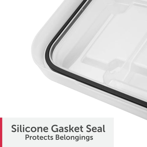Close-up of silicone gasket seal in six pack five gallon waterproof storage totes IP68 submersible plastic bins.