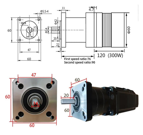 Diagram and image of 60mm Flange 48V 300W Low Speed Brushless DC Motor with BLD-300 Driver Kit, 3000 RPM Output, 0.95 Nm Torque.
