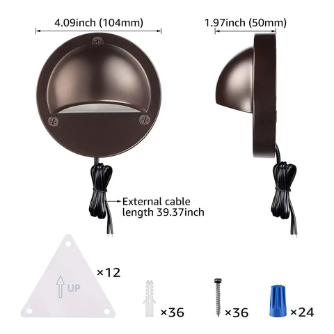 Low Voltage LED Deck Lights Set For Outdoors with 4.09 inch brown die-cast aluminum housing and accessories shown
