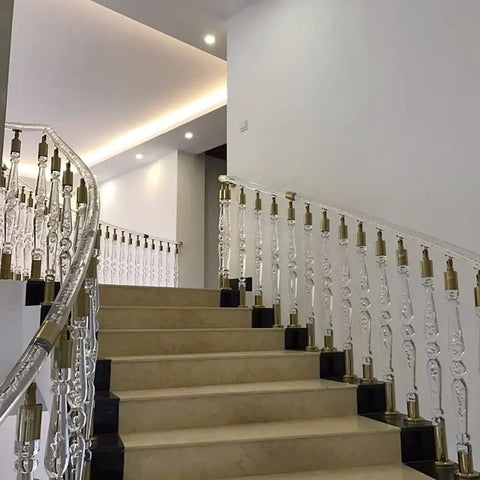 Slick Transparent Acrylic Balusters For Inside Stairs And Deck Railings Featuring Hella Tough Metal Brackets and Flex Install Posts on spiral staircase.