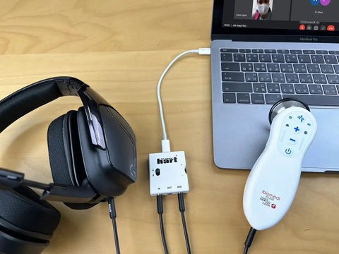 MAI Mini Mobile Audio Interface with Zero Latency Monitoring and High Fidelity Headphone Output connected to laptop