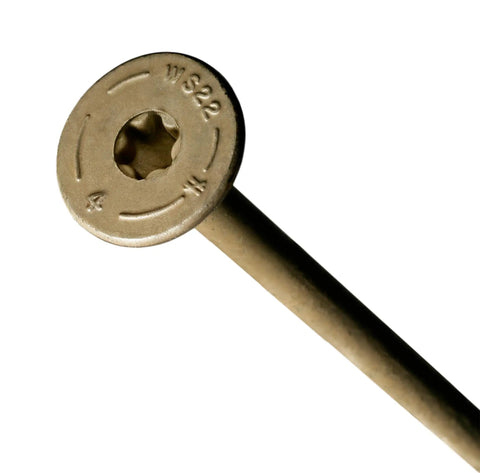 Close-up of Exterior Grade Timber Screw 0.220 Inch By 4 Inch with washer head and sawtooth point, tan finish