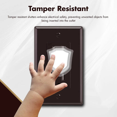 Child's hand near Brown Decorator Receptacle Outlet 15 Amp 125 Volt Tamper Resistant with Grounding and Wall Plate UL Listed