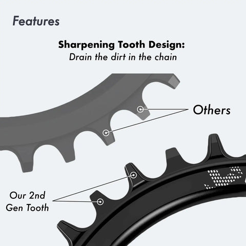 Sharpening tooth design of MTB Crankset 104 BCD Square Tapered 32 34 36 38T Chainring Options, black vs. others.