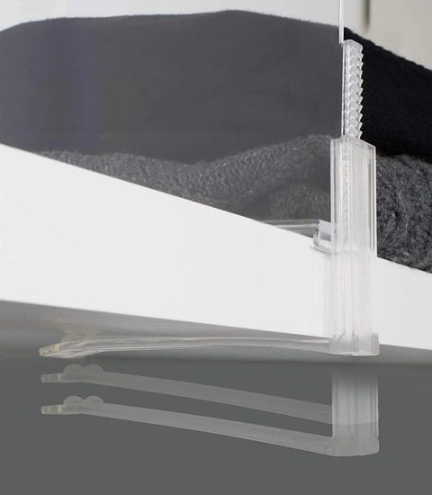 Clear Acrylic Shelf Dividers For Closets, Purse And Sweater Organizer, Flexible 4 Pack shown holding sweaters neatly on a white shelf