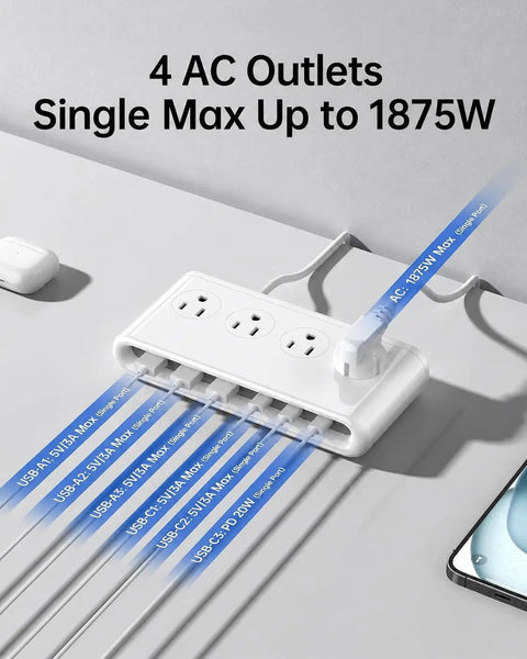 Heavy Duty 10in1 Usb Charging Station With PD 20W Fast Charging built with 4 AC outlets and 6 USB ports on white housing.