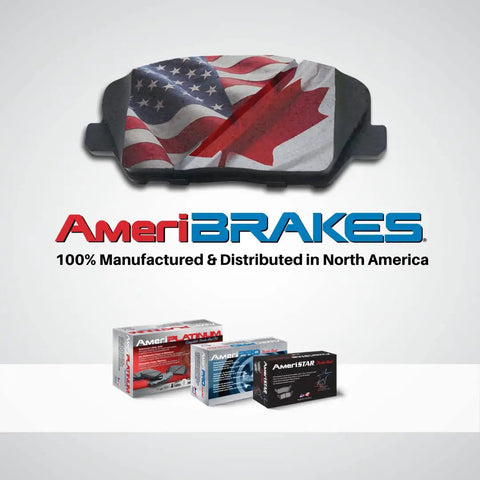 AmeriBrakes brake pad with American and Canadian flags, three brake pad boxes below, North America manufactured text