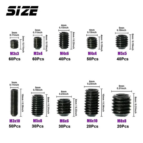 400 Piece Set Screw Kit M3 To M8 Hex Socket Headless Bolts Grade 12.9 Carbon Steel sizes and quantities display