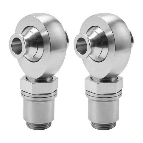 Heavy Duty One Inch Chromoly Heim Joint Rod End Kit With Right And Left Hand Threads Plus Tube Adapter Two Pack showing two silver rod ends.