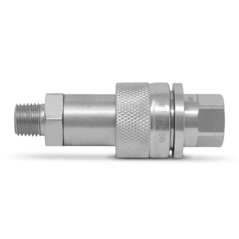 High pressure hydraulic quick coupler 10,000 PSI in hardened steel, ideal for industrial and automotive systems.