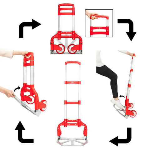 Slick Folding Hand Truck Dolly With 165 Lb Capacity And Telescoping Handle, red portable cart in upright and folded positions.