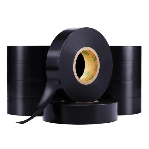 10 Pack Black Waterproof Electrical Tape Three Quarter Inch by Sixty Six Feet Pro Grade Industrial UL CSA Listed High Temp Vinyl Tape for Wiring Insulation and Outdoor Projects, showing three rolls stacked and one unrolled.