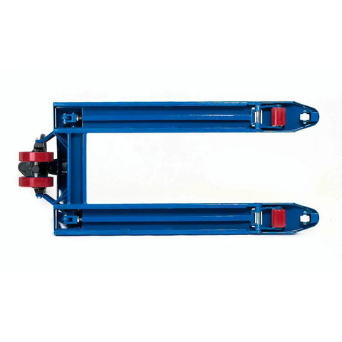 Heavy Duty Narrow Fork Pallet Jack Truck Handles Six Thousand Six Hundred Pounds Like A Charm With Reinforced Tapered Forks, blue fork detail.