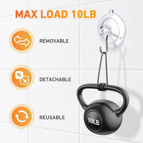 Rock Solid Invisible Suction Cup Hooks Twelve Pack Clear Reusable Removable Stainless Steel Design Holds Ten Pounds on tile.