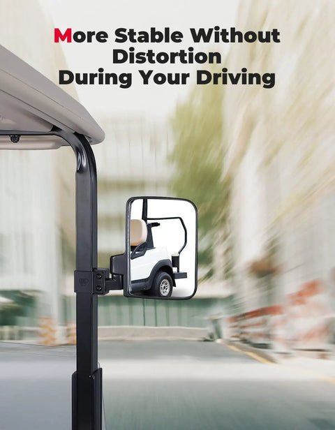 No Drilling Golf Cart Side Mirrors With Folding Design attached to cart showing clear view without distortion